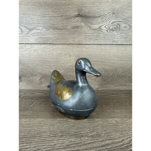 Vintage Pewter Duck Trinket Box with Brass Overlay Hong Kong Decorative